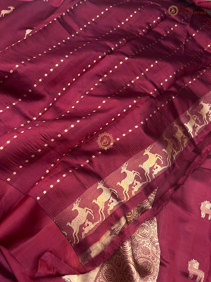 Maroon Pure Silk Banarasi Saree with Deer Motif Border