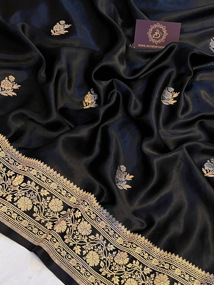 Black Pure Mashru Silk Handloom Banarasi Saree
