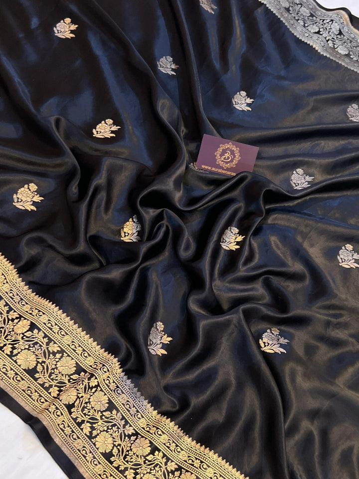 Black Pure Mashru Silk Handloom Banarasi Saree