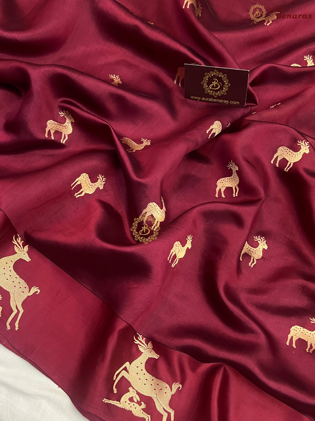 Maroon Pure Silk Banarasi Saree with Deer Motif Border