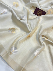 Cream Pure Banarasi Handloom Silk Saree - Aura Benaras