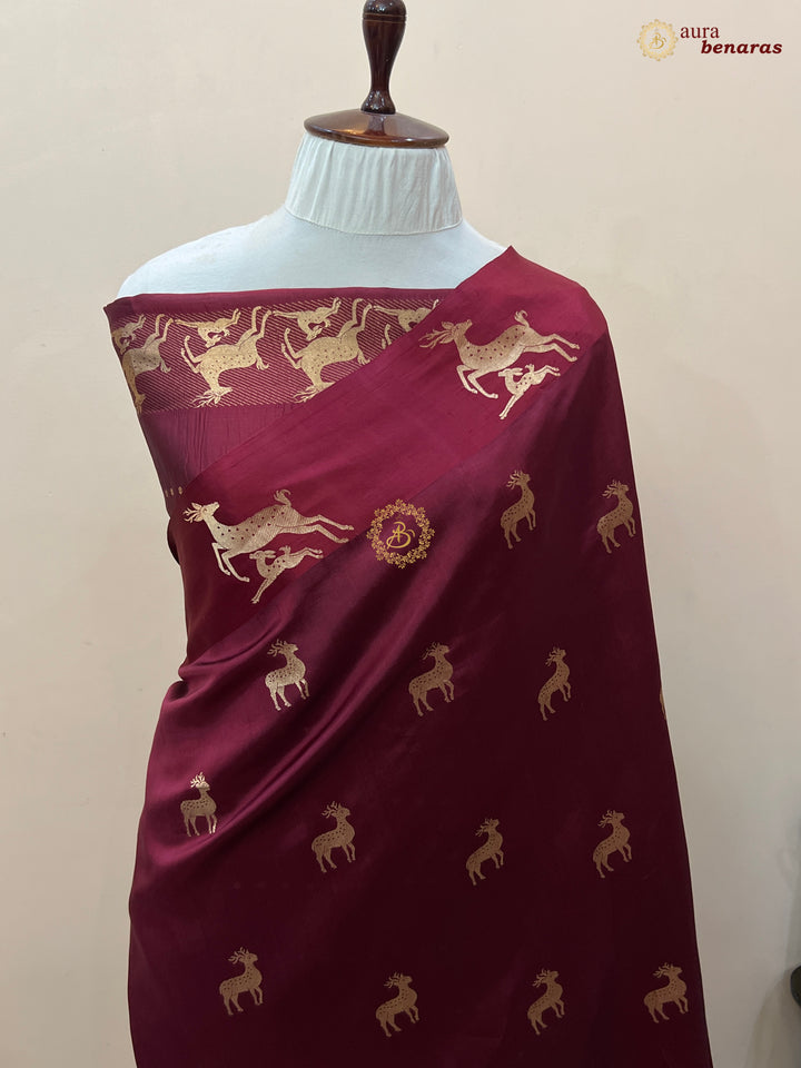 Maroon Pure Silk Banarasi Saree with Deer Motif Border