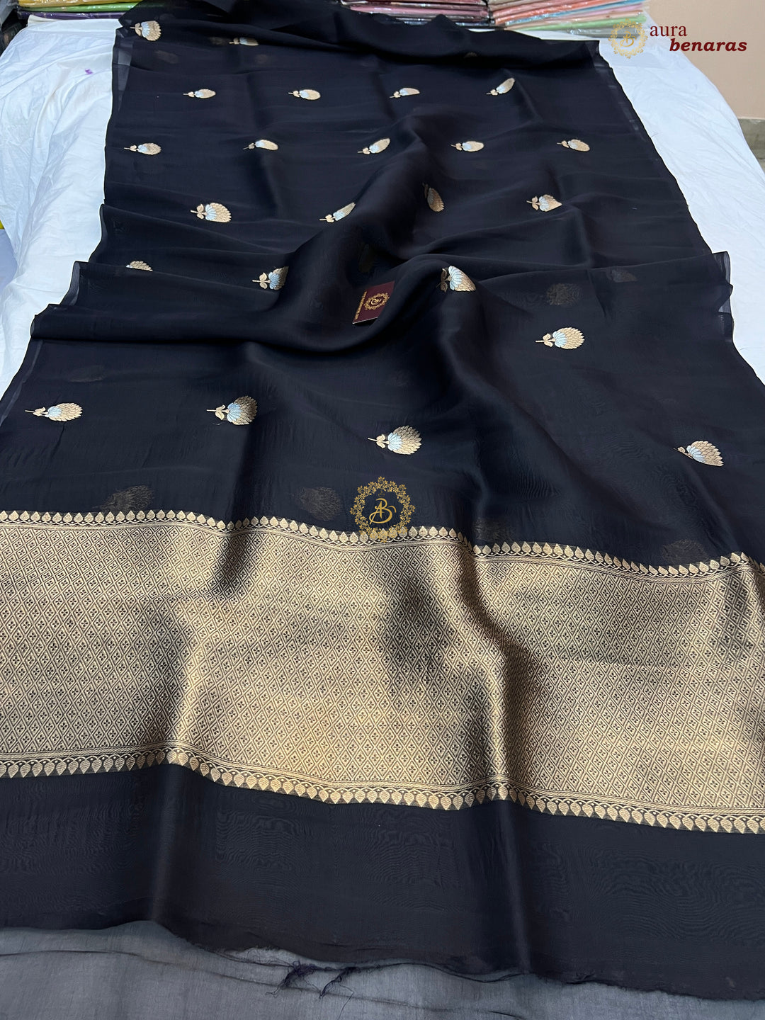 Black Kora Silk Banarasi Saree with Sona Rupa Butis