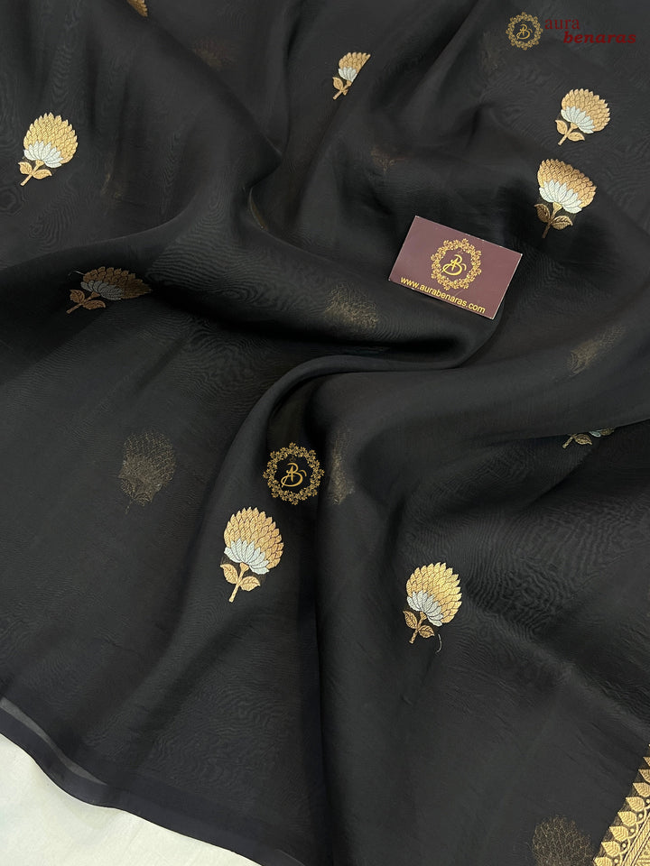 Black Kora Silk Banarasi Saree with Sona Rupa Butis