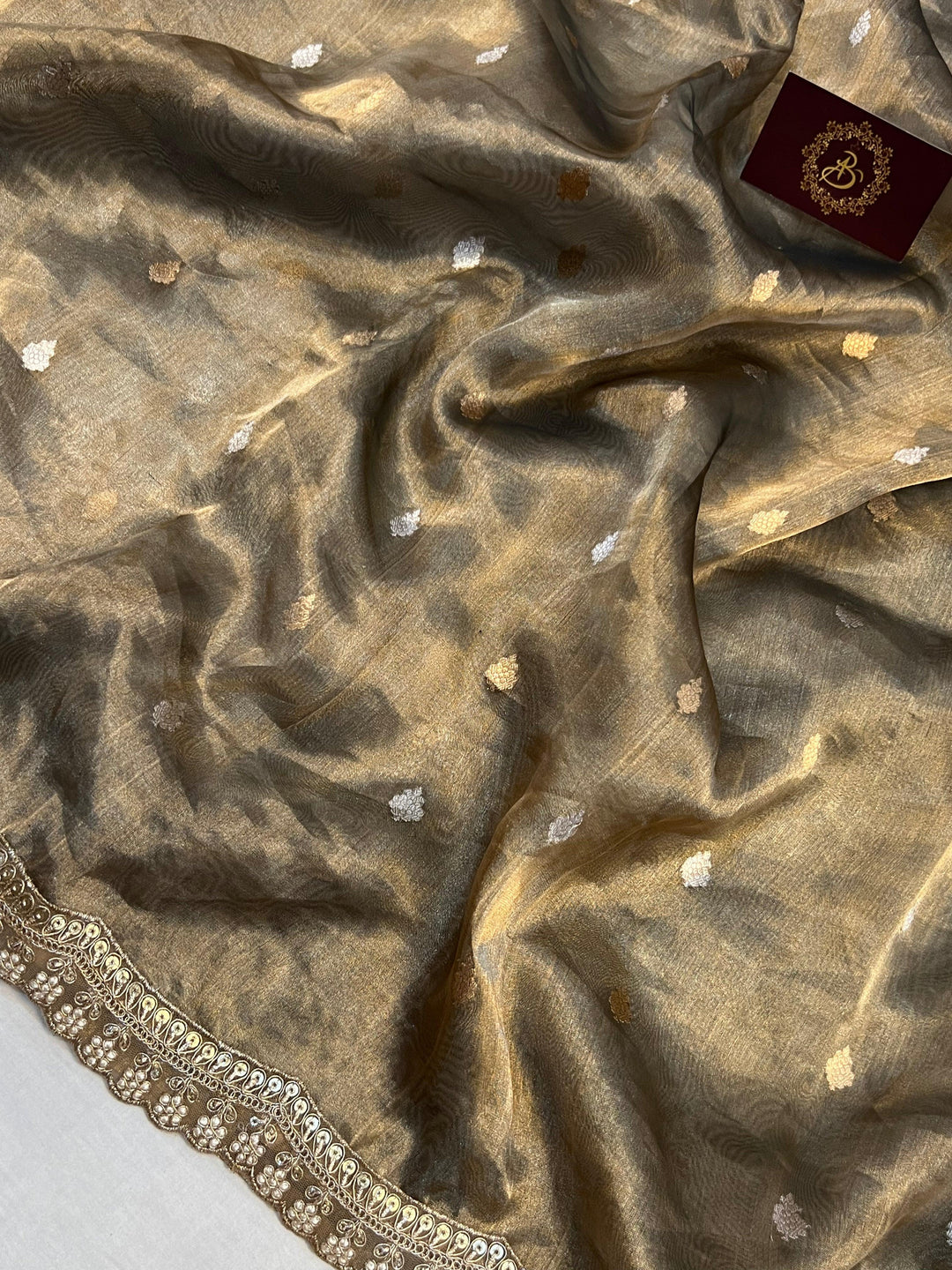 Dark Grey Banarasi Handloom Organza Tissue Silk Saree - Aura Benaras