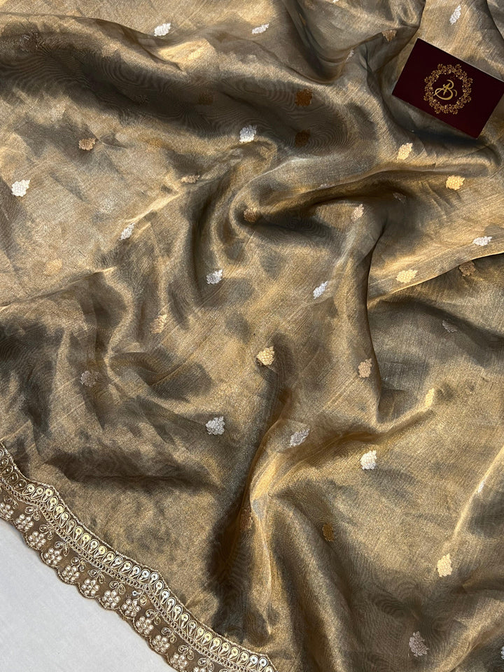 Dark Grey Banarasi Handloom Organza Tissue Silk Saree - Aura Benaras