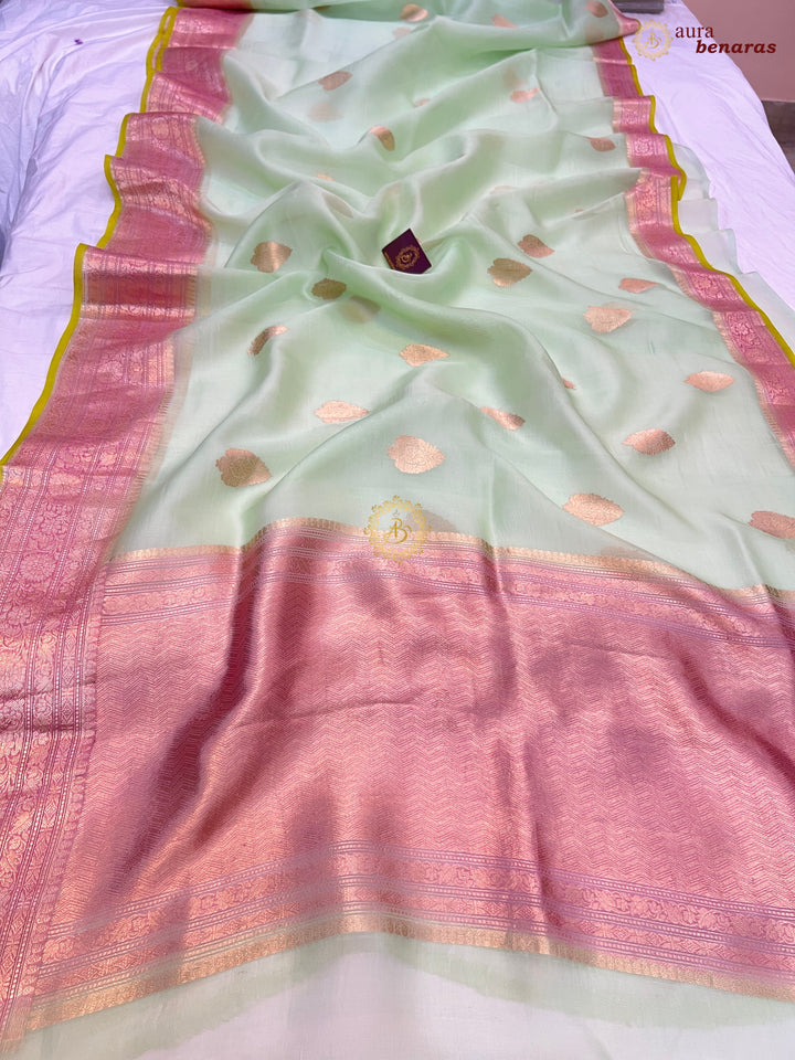 Pastel Green Kora Silk Banarasi Saree with Kadhwa Motifs