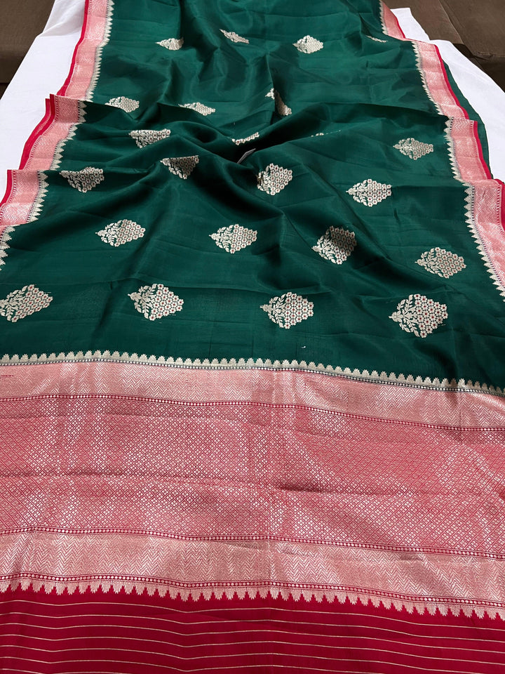 Bottle Green Pure Banarasi Handloom Silk Saree - Aura Benaras