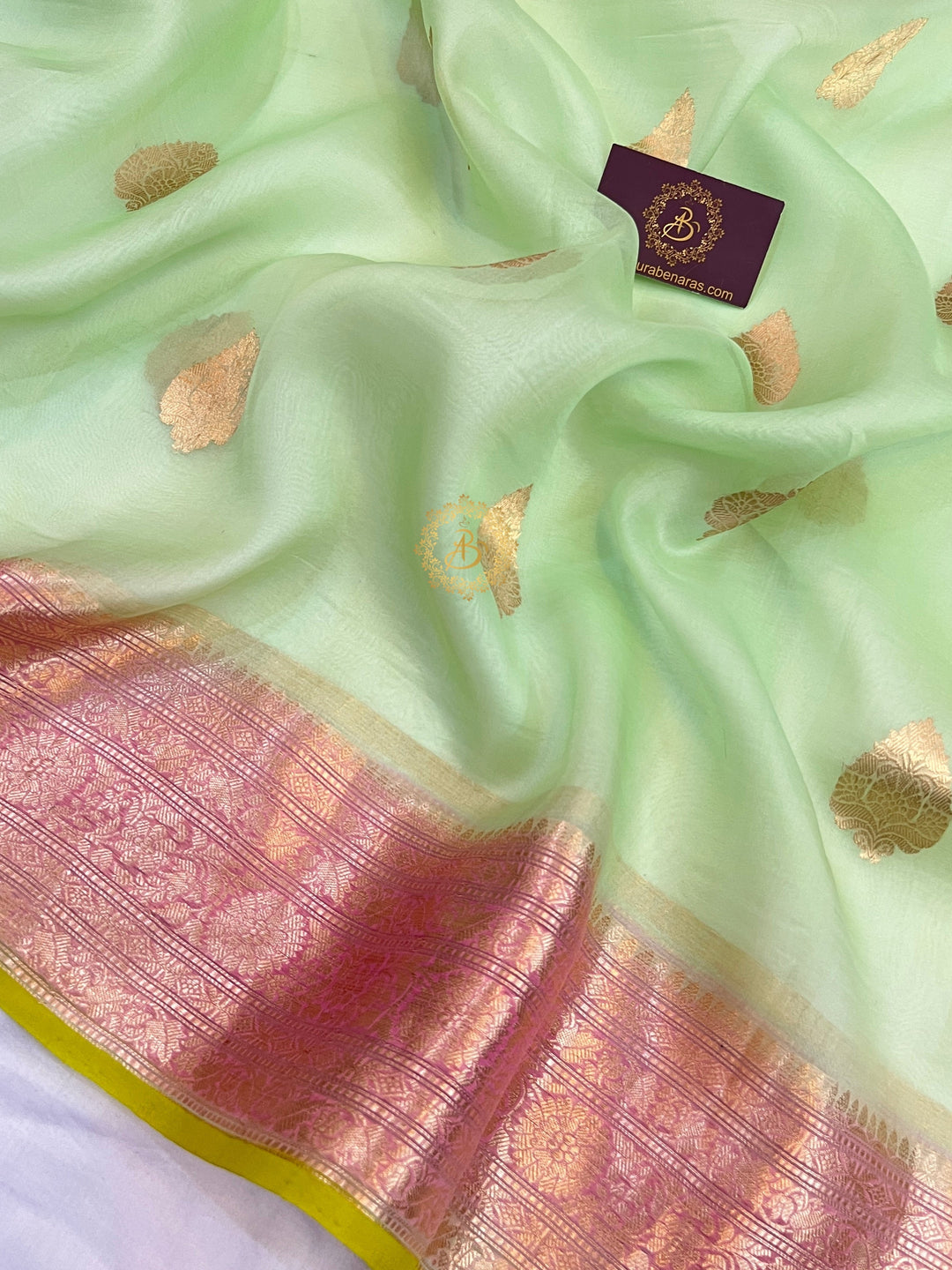Pastel Green Kora Silk Banarasi Saree with Kadhwa Motifs