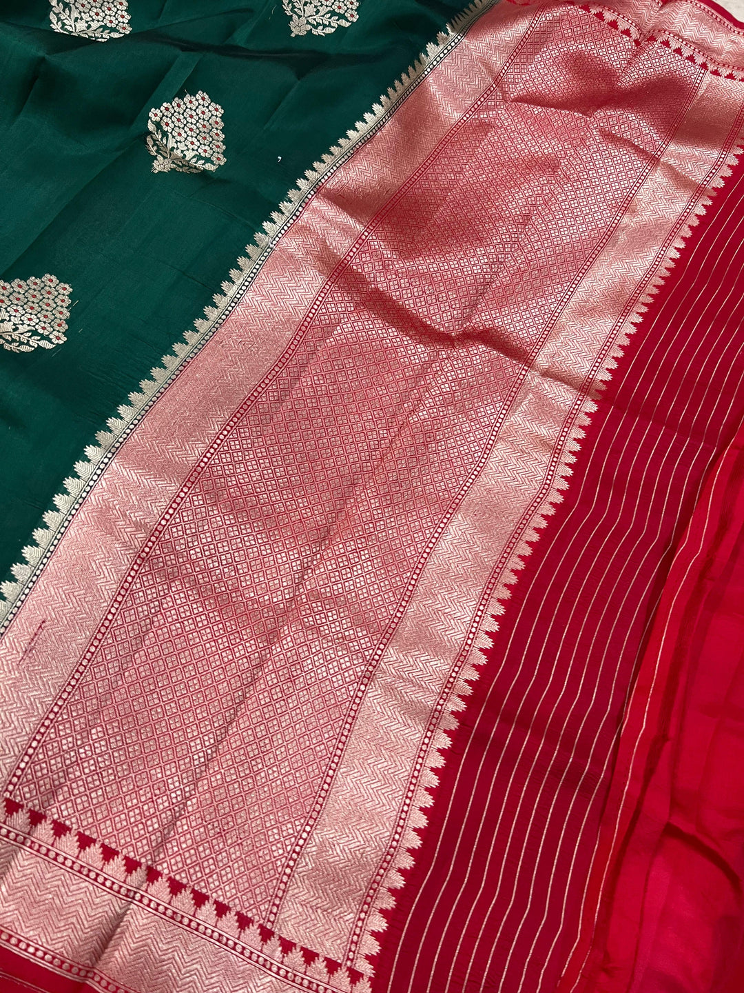 Bottle Green Pure Banarasi Handloom Silk Saree - Aura Benaras