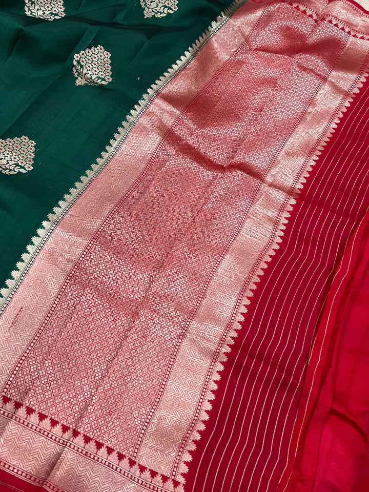 Bottle Green Pure Banarasi Handloom Silk Saree - Aura Benaras