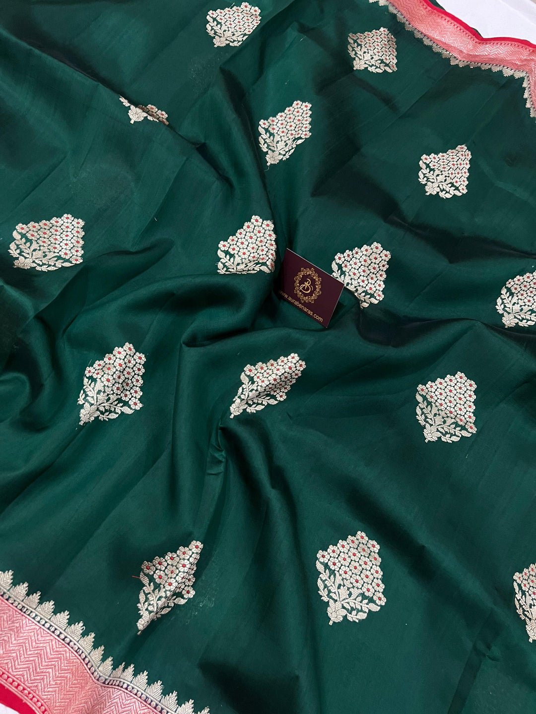 Bottle Green Pure Banarasi Handloom Silk Saree - Aura Benaras