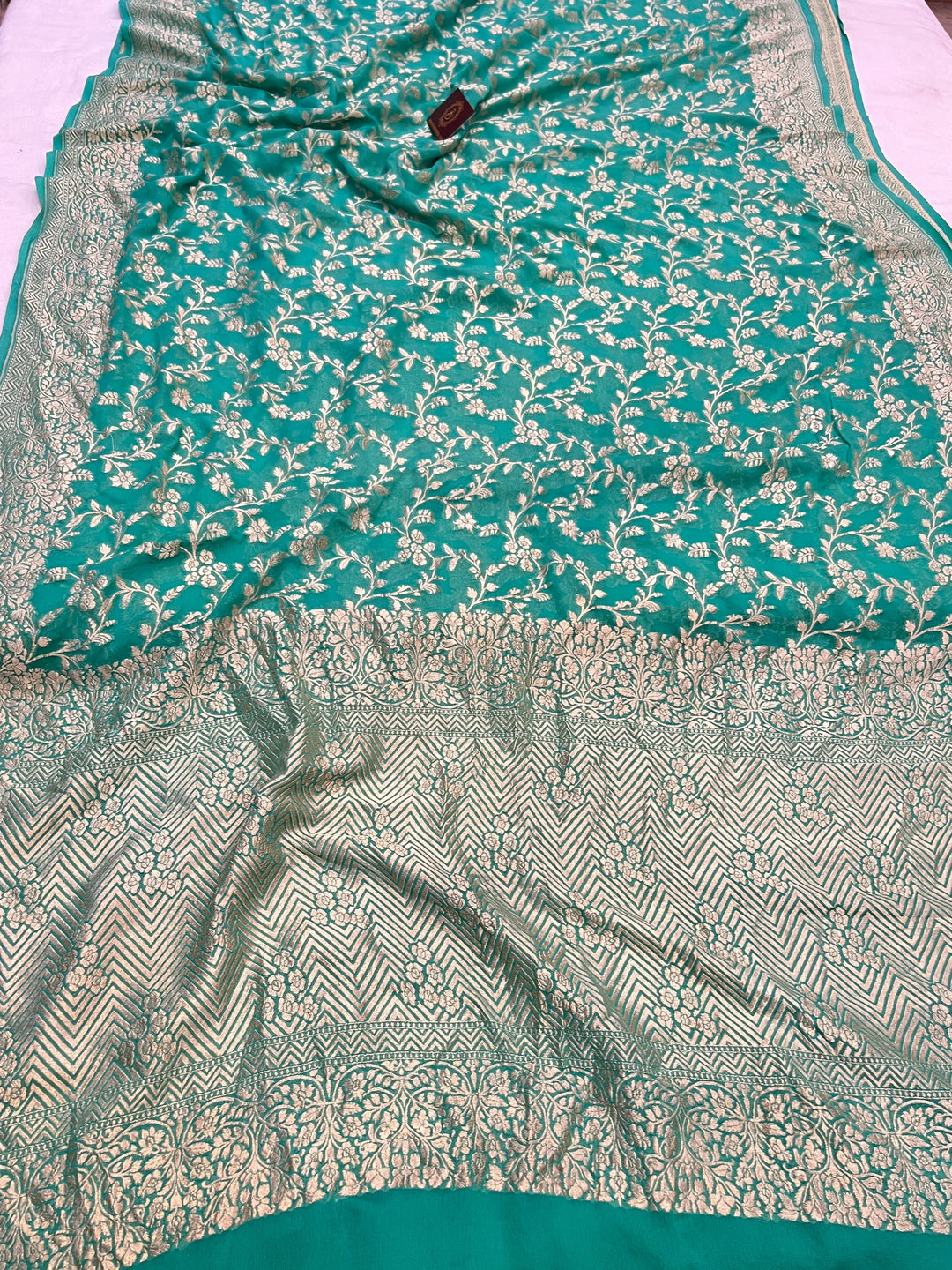 Turquoise Blue Pure Banarasi Handloom Khaddi Georgette Saree