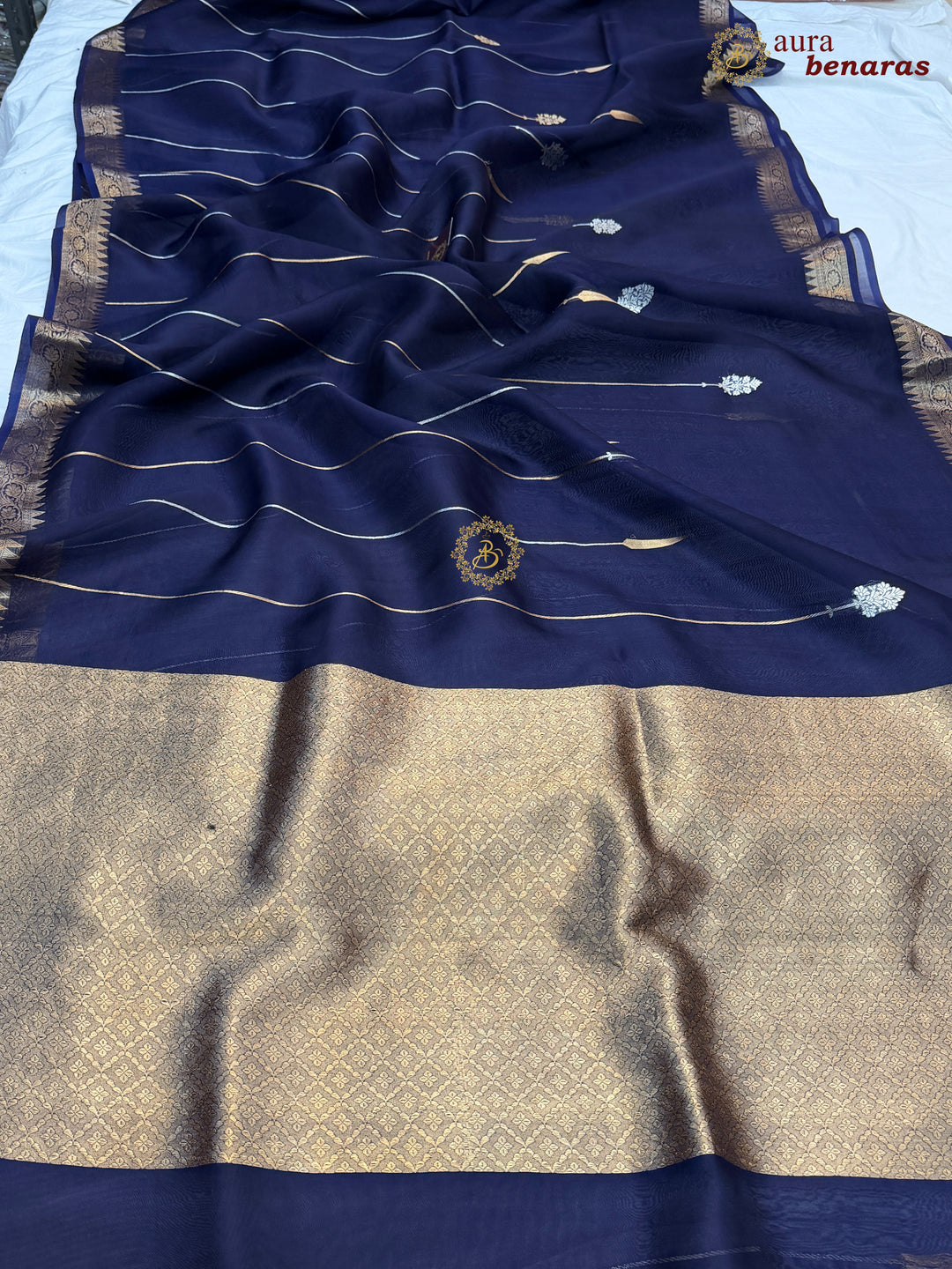 Navy Blue Kora Silk Banarasi Saree Kadhwa Jhumar Stripe Design
