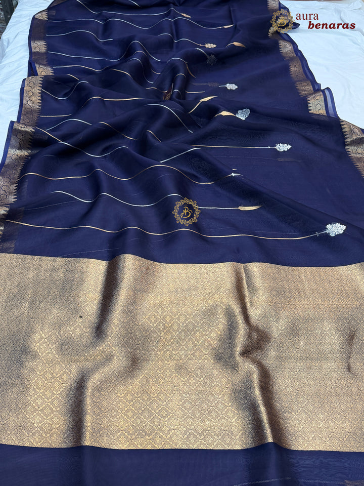 Navy Blue Kora Silk Banarasi Saree Kadhwa Jhumar Stripe Design