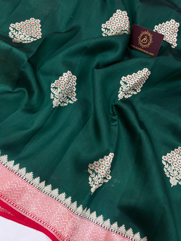 Bottle Green Pure Banarasi Handloom Silk Saree - Aura Benaras