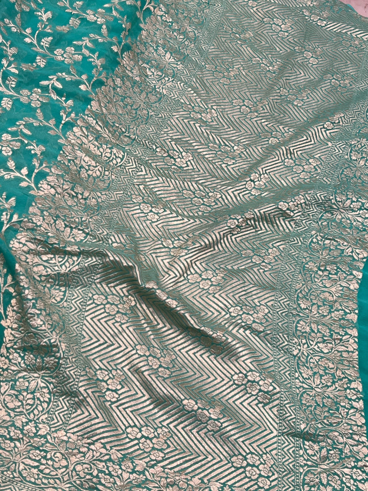 Turquoise Blue Pure Banarasi Handloom Khaddi Georgette Saree