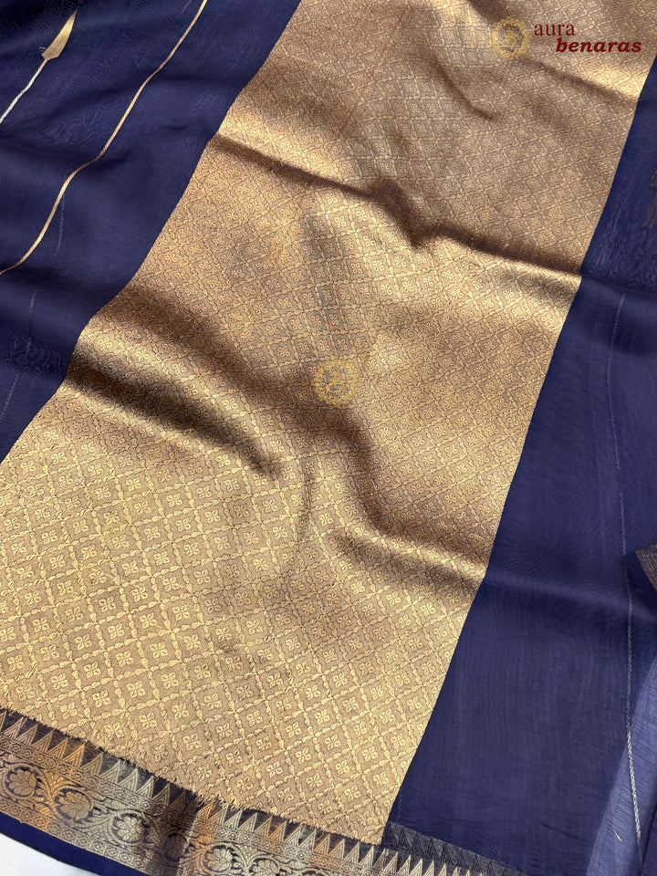 Navy Blue Kora Silk Banarasi Saree Kadhwa Jhumar Stripe Design