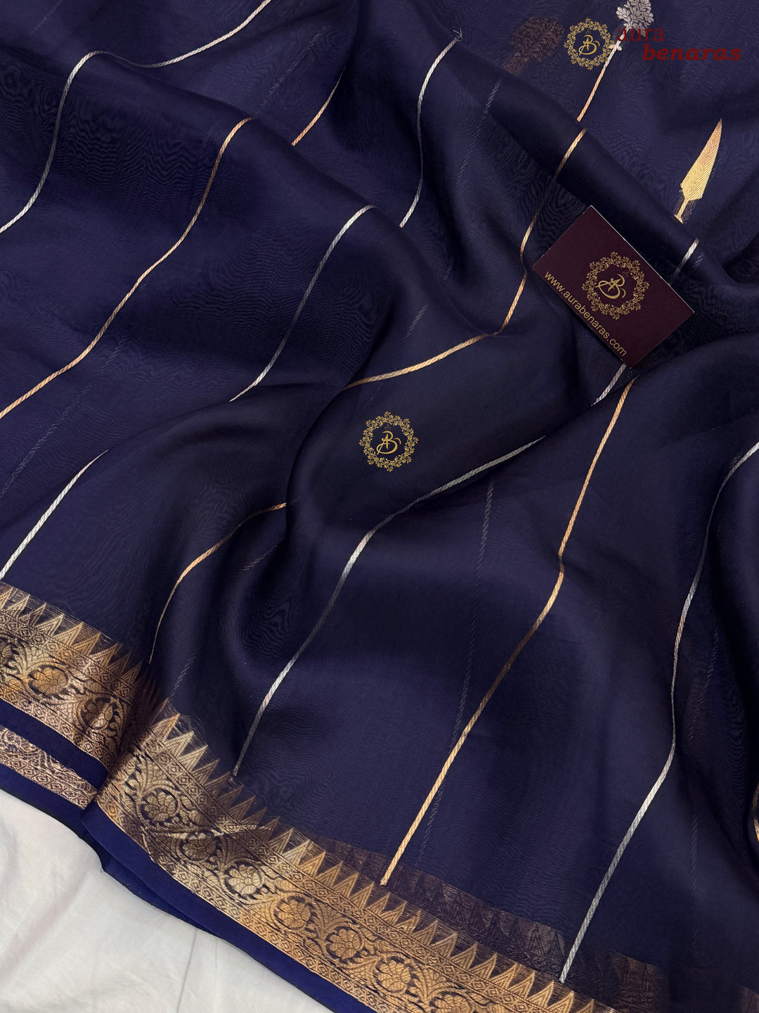 Navy Blue Kora Silk Banarasi Saree Kadhwa Jhumar Stripe Design