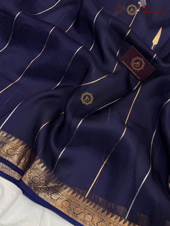 Navy Blue Kora Silk Banarasi Saree Kadhwa Jhumar Stripe Design