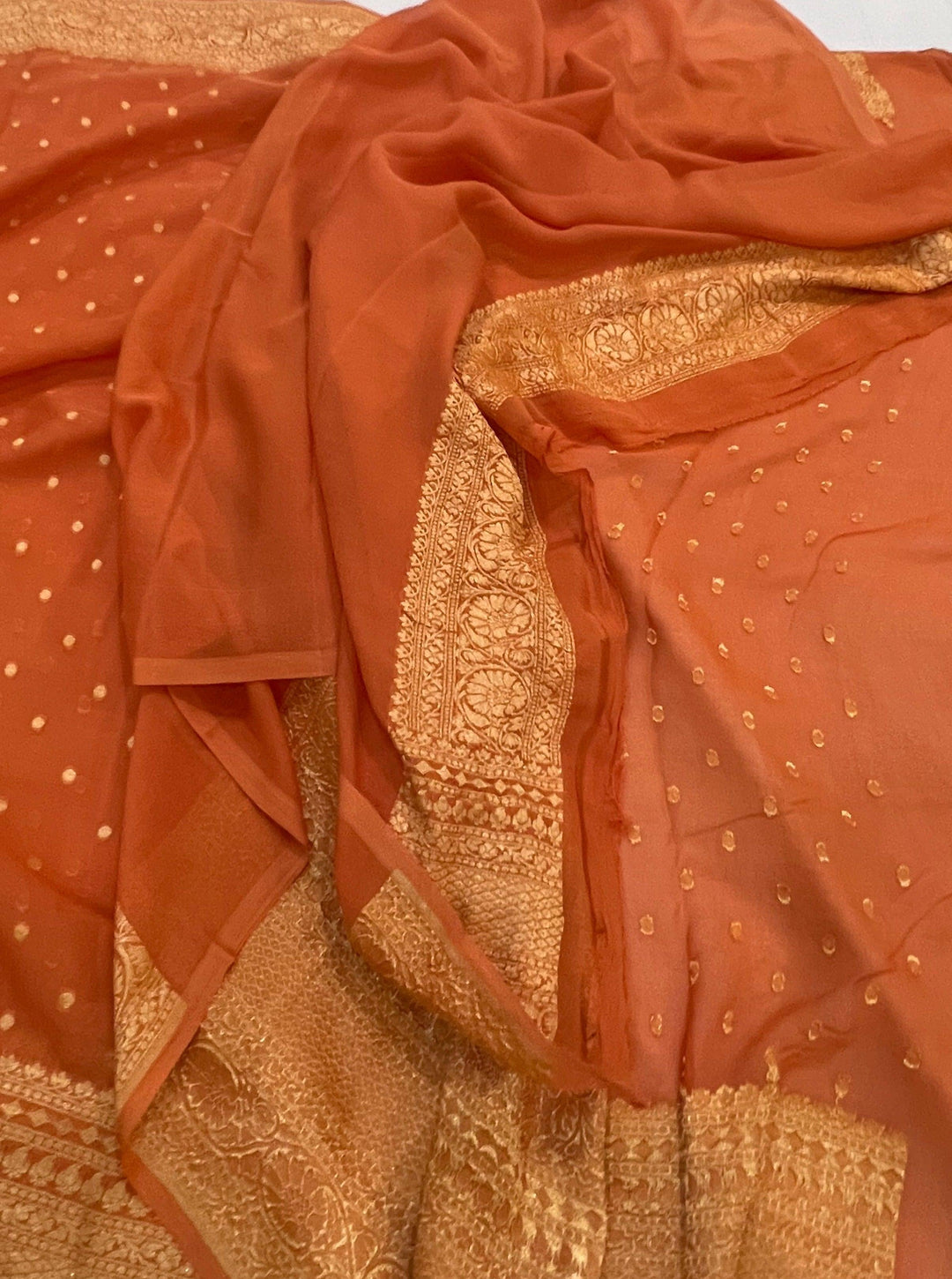 Rust Orange Handloom Pure Khaddi Georgette Silk Saree - Aura Benaras