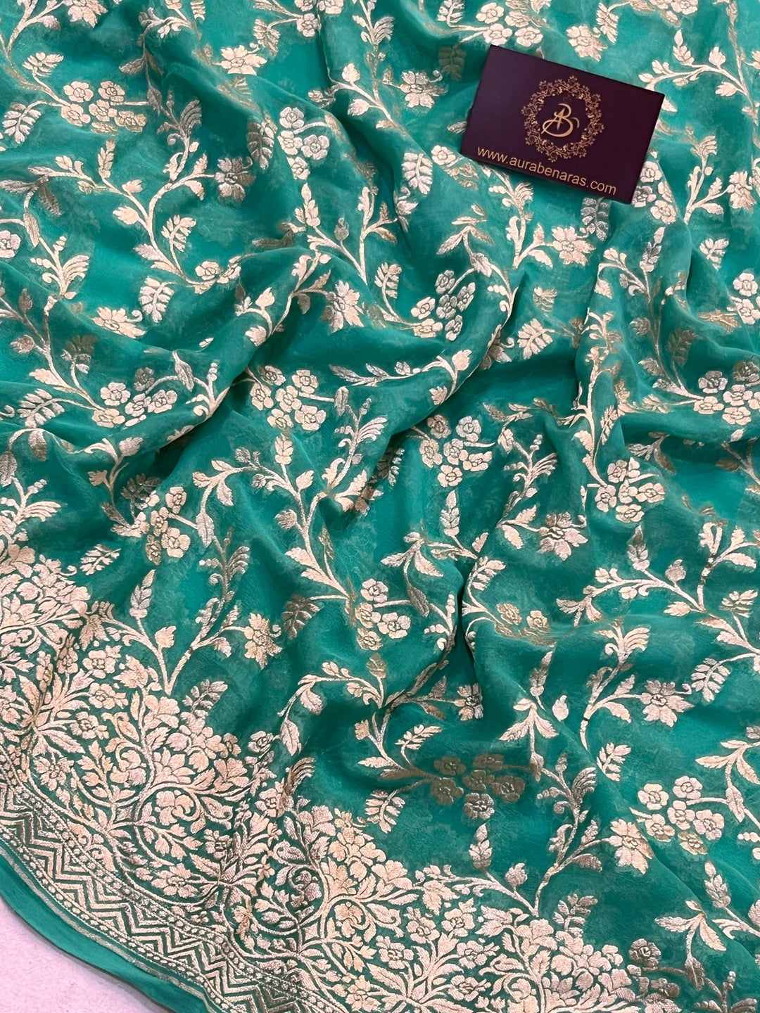 Turquoise Blue Pure Banarasi Handloom Khaddi Georgette Saree