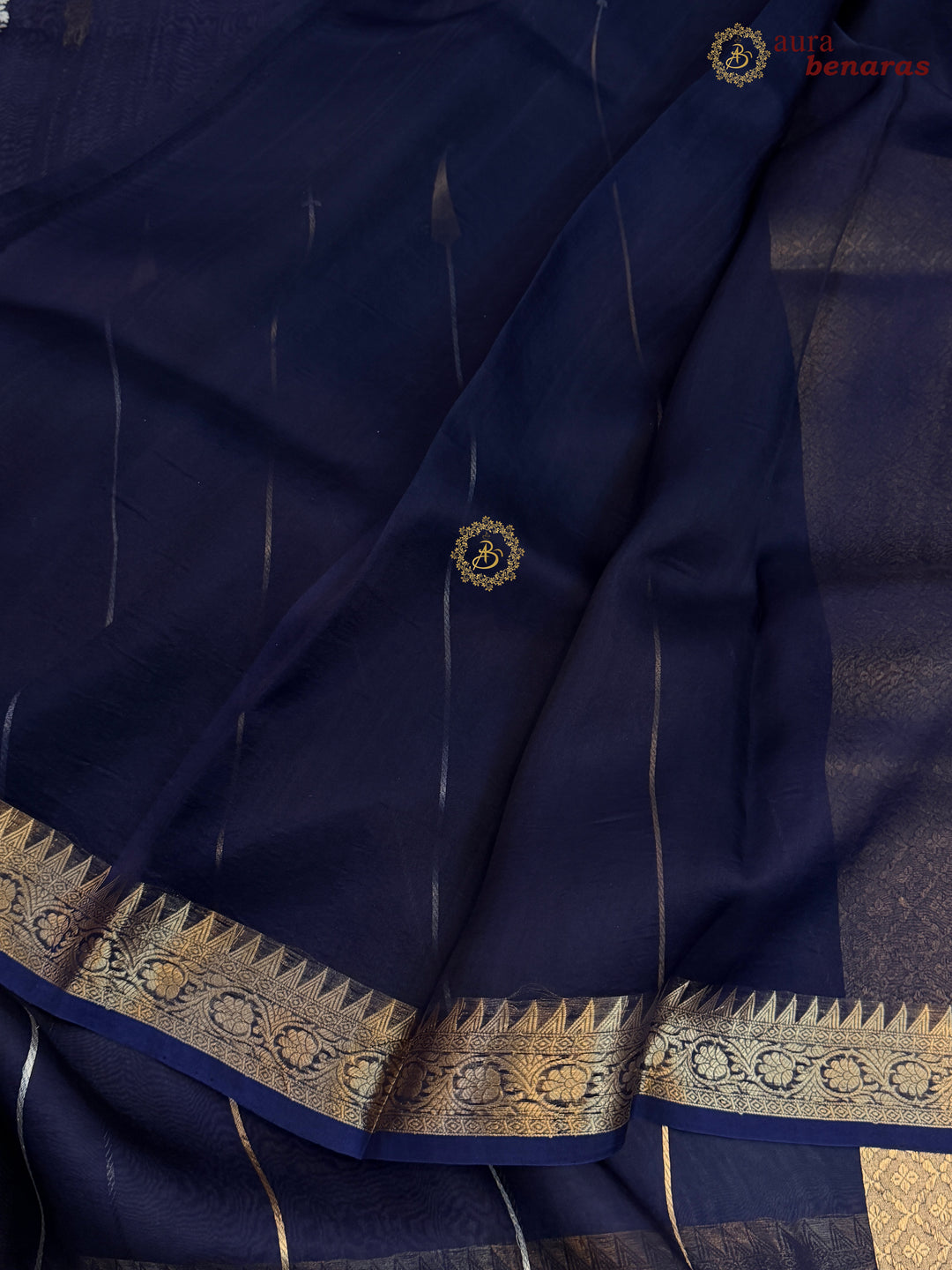 Navy Blue Kora Silk Banarasi Saree Kadhwa Jhumar Stripe Design