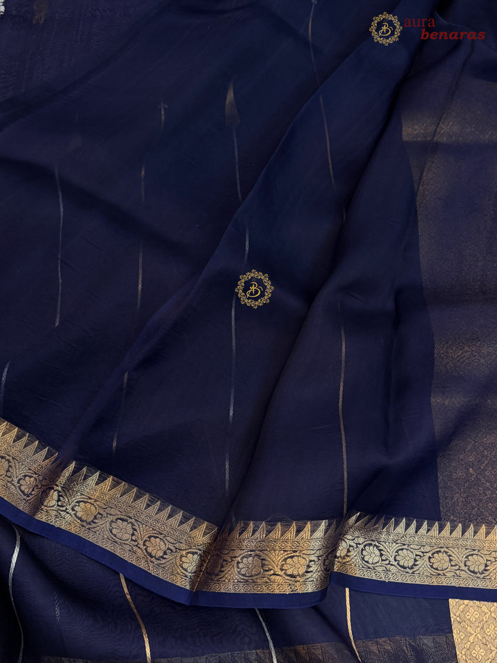 Navy Blue Kora Silk Banarasi Saree Kadhwa Jhumar Stripe Design