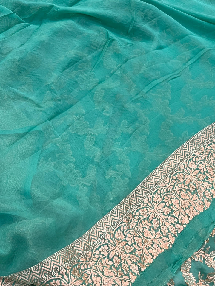 Turquoise Blue Pure Banarasi Handloom Khaddi Georgette Saree