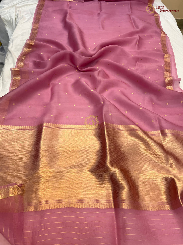 Onion Pink Banarasi Handloom Kora Silk Saree - Aura Benaras
