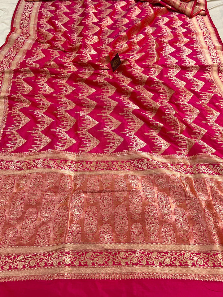 Orangish Pink Pure Banarasi Handloom Katan Silk Saree - Aura Benaras