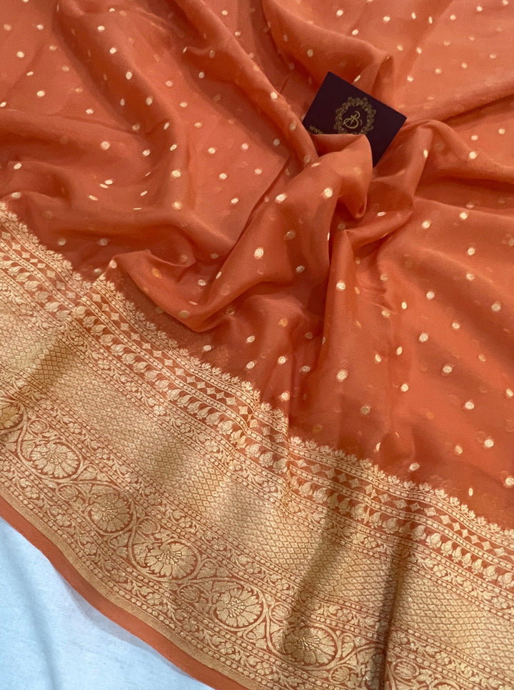 Rust Orange Handloom Pure Khaddi Georgette Silk Saree - Aura Benaras