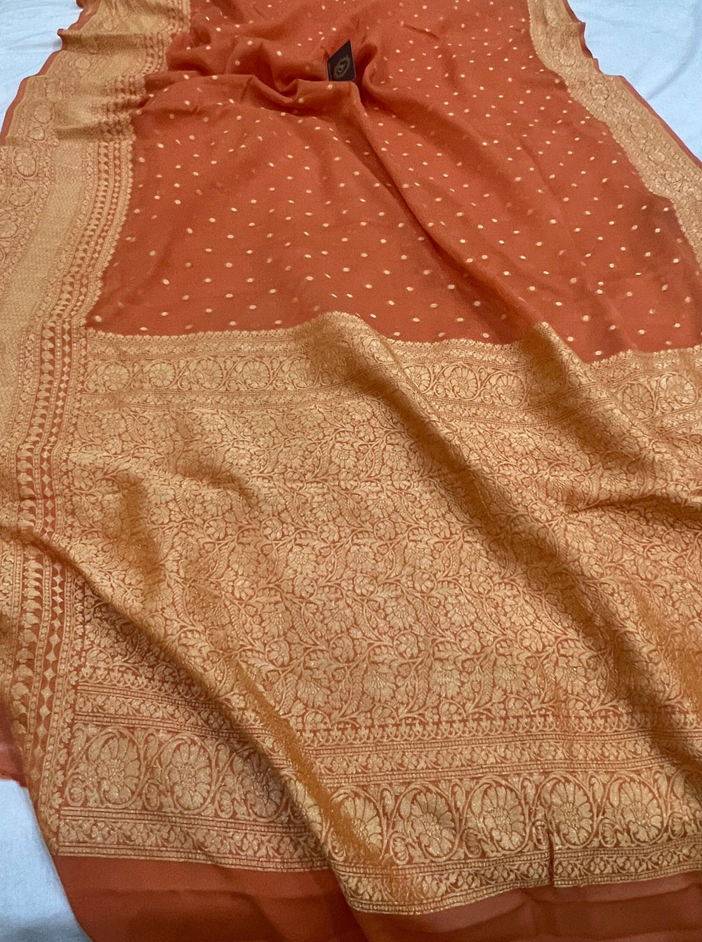 Rust Orange Handloom Pure Khaddi Georgette Silk Saree - Aura Benaras