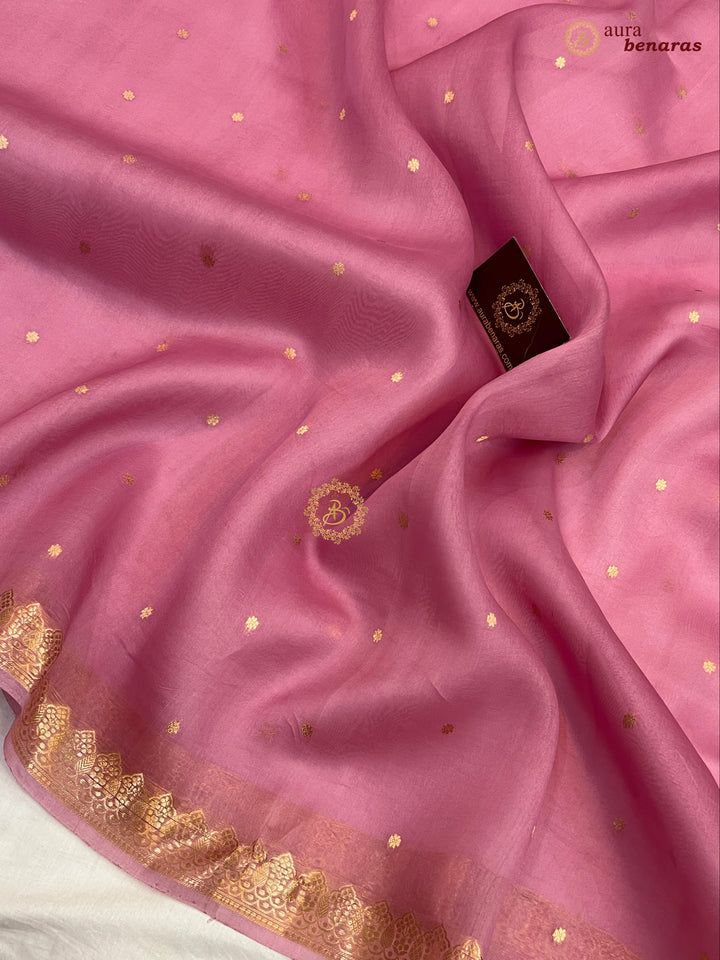 Onion Pink Banarasi Handloom Kora Silk Saree - Aura Benaras