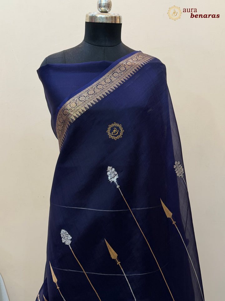 Navy Blue Kora Silk Banarasi Saree Kadhwa Jhumar Stripe Design