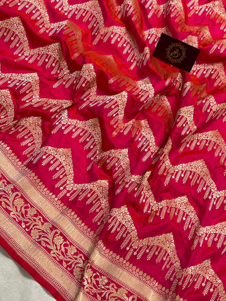 Orangish Pink Pure Banarasi Handloom Katan Silk Saree - Aura Benaras