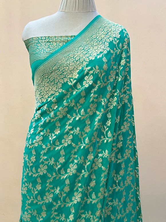 Turquoise Blue Pure Banarasi Handloom Khaddi Georgette Saree