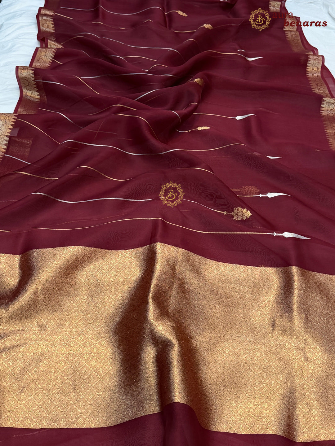Maroon Kora Silk Banarasi Saree Kadhwa Jhumar Stripe Design