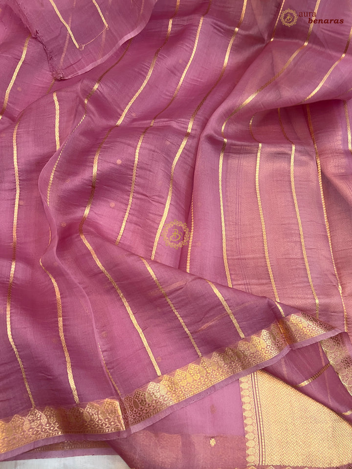 Onion Pink Banarasi Handloom Kora Silk Saree - Aura Benaras