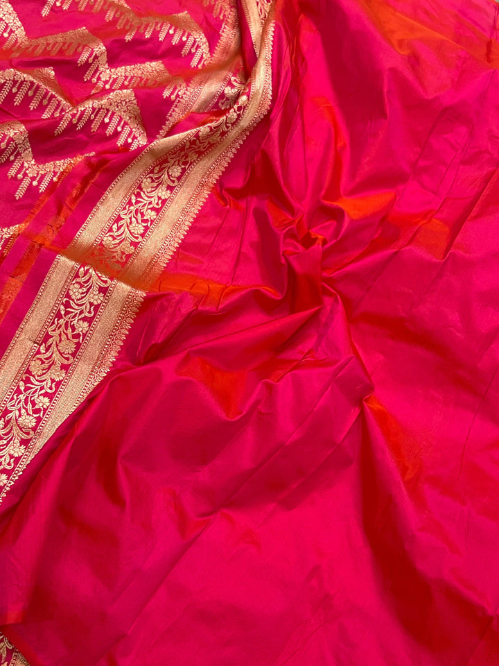 Orangish Pink Pure Banarasi Handloom Katan Silk Saree - Aura Benaras
