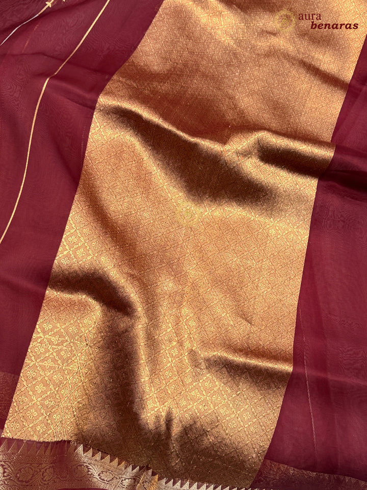Maroon Kora Silk Banarasi Saree Kadhwa Jhumar Stripe Design