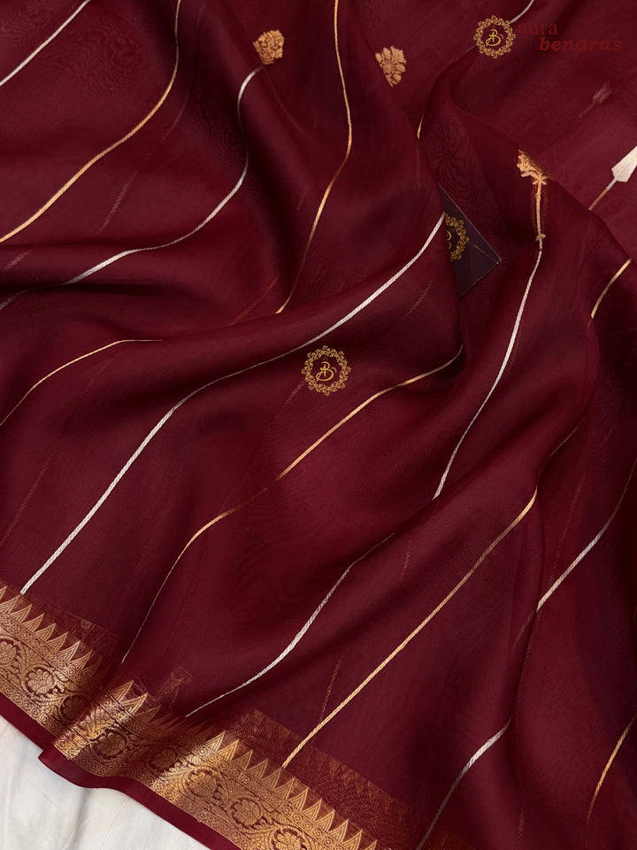 Maroon Kora Silk Banarasi Saree Kadhwa Jhumar Stripe Design