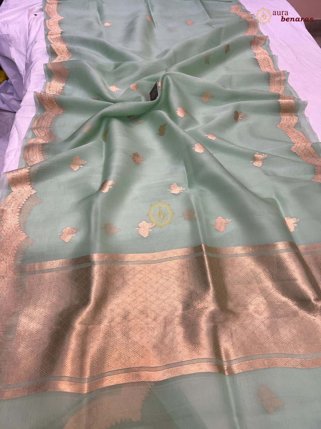 Mint Green Pure Kora Silk Banarasi Saree with Zari Butis 