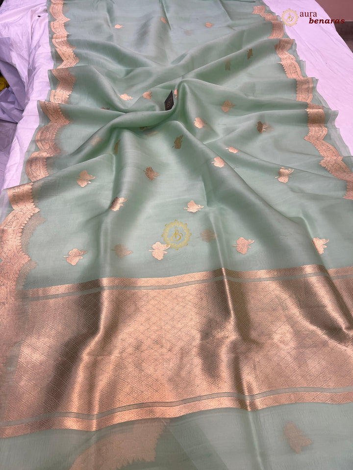 Mint Green Pure Kora Silk Banarasi Saree with Zari Butis 