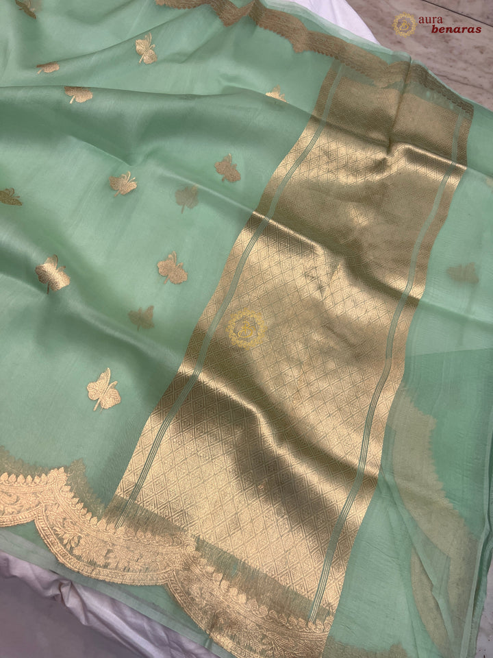 Mint Green Pure Kora Silk Banarasi Saree with Zari Butis 