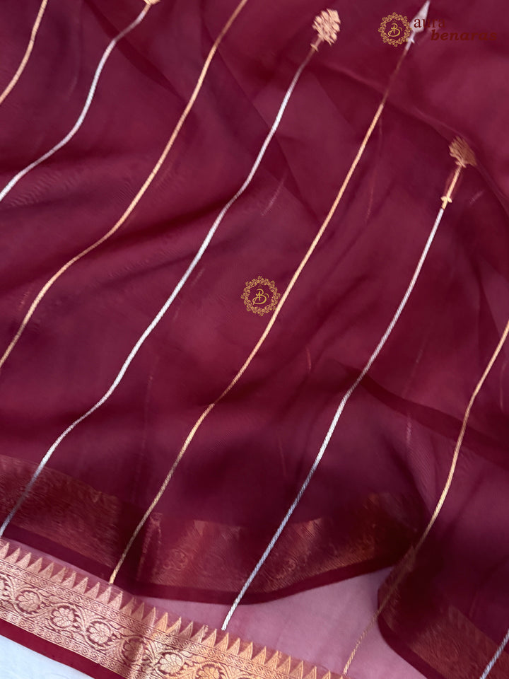 Maroon Kora Silk Banarasi Saree Kadhwa Jhumar Stripe Design
