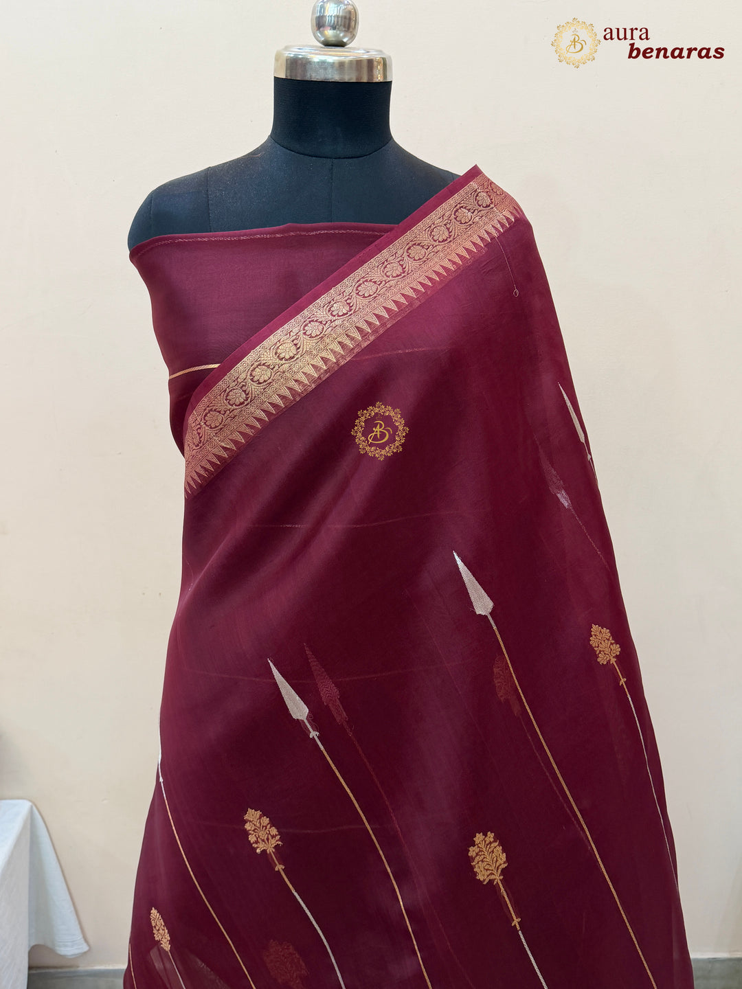 Maroon Kora Silk Banarasi Saree Kadhwa Jhumar Stripe Design