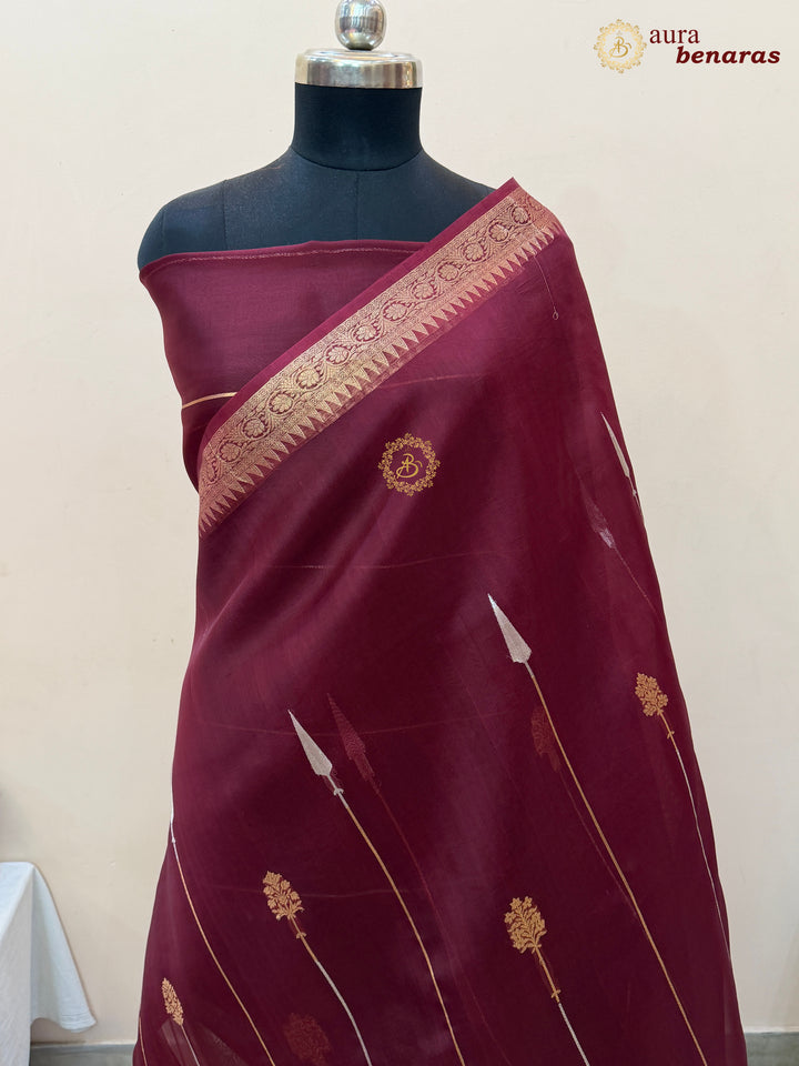 Maroon Kora Silk Banarasi Saree Kadhwa Jhumar Stripe Design