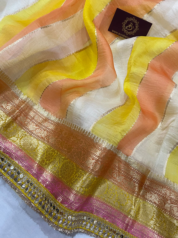 White-Yellow Banarasi Handloom Kora Silk Saree - Aura Benaras