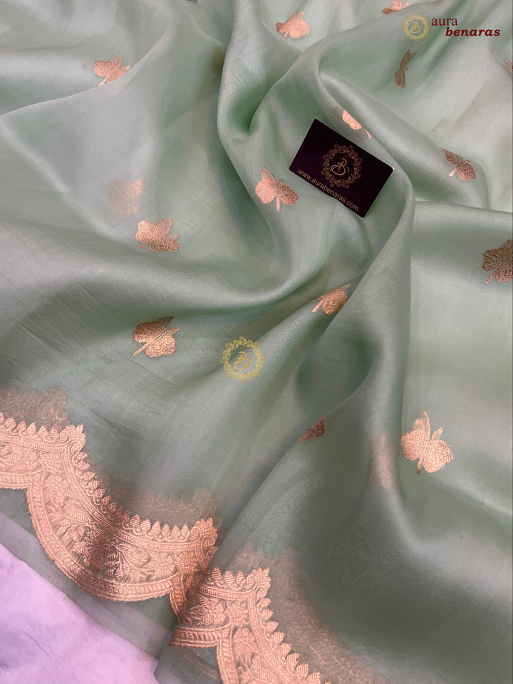 Mint Green Pure Kora Silk Banarasi Saree with Zari Butis 